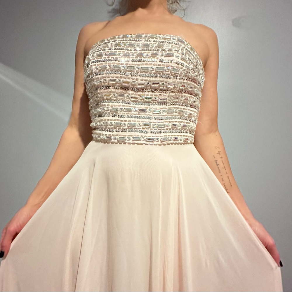 Peach Strapless Beaded Xscape Prom Dress